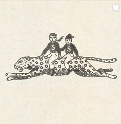 two people riding on the back of a cheetah in front of a white background