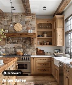 a kitchen with stone walls and wooden cabinets