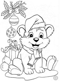 a coloring page for christmas with a bear and presents on the ground, in black and white