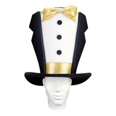 This Gala Tuxedo Hat will definitely make you stand out at your next Party, Hora Loca, Wedding, Corporate Event, Birthday, Quinceanera, or Halloween Party! It can be used as a wedding hats, top hats, photo booth props, or a party favor. White High Crown Top Hat For Party, Novelty High Crown Costume Hats For Parties, Adjustable Top Hat For Carnival Party, Adjustable Hats For Carnival Party, Adjustable Hats For Party At Carnival, Gold Halloween Party Costume Headpiece, Carnival Novelty Fascinator For Costume Party, Elegant Hats For Carnival Costume Party, Elegant Hats For Costume Party And Carnival