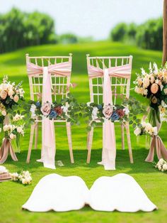 the chairs are decorated with pink sashes and flower arrangements for an outdoor wedding ceremony