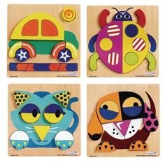 four wooden puzzles with different shapes and sizes, including an owl, lady bug, and