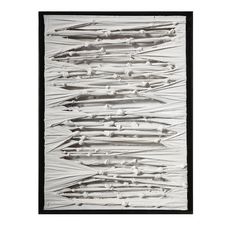 an abstract painting with white paint and black trim on the bottom, it is framed in wood