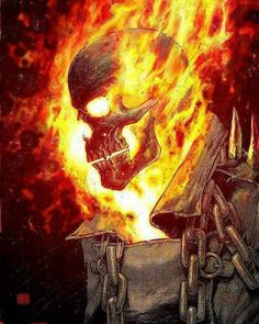 a drawing of a skull with chains around it's neck and hands in front of fire