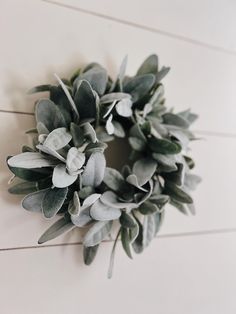 a wreath is hanging on the wall with eucalyptus leaves and other greenery around it