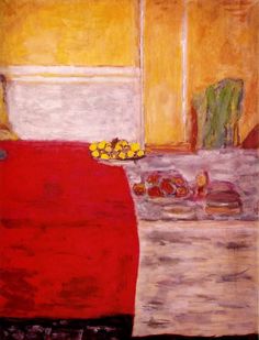 an oil painting of a red blanket on a table in front of a yellow wall