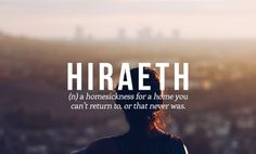 a person standing in front of a cityscape with the words hiraeth on it