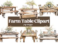 the farm table clipart is set up with wooden tables, chairs and vases