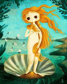 a painting of a mermaid with long red hair standing on a shell in the water