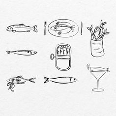 a black and white drawing of different types of food on a plate, with fish