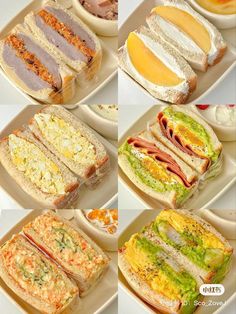 different types of sandwiches are arranged on separate plates