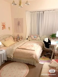 a bed room with a neatly made bed next to a desk and chair in front of a window