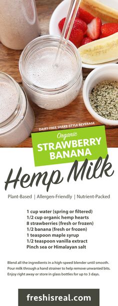 a flyer for a fresh strawberry banana hemp milk