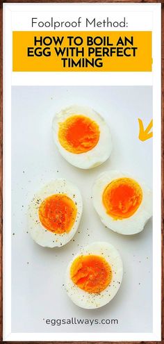 four hard boiled eggs on a white background with text overlay that reads fool proof method how to boil an egg with perfect time