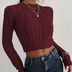 Cropped Cable Knit Sweater Size S Burgundy Color New Without Tags, Never Worn Bundle For Discounts :) For Exposure: American Eagle Hollister Tilly’s Aerie Pacsun Lululemon Pink Nike Adidas Vintage Zumiez Princess Polly Leggings Stylish Crop Deal Sale Fashion Cropped Cable Knit Sweater, Casual Pullover Sweater, Coffee Sweater, Crop Pullover, Slim Sweater, Cropped Pullover, Women Sweaters, Long Sleeve Pullover Sweater, Knit Crop