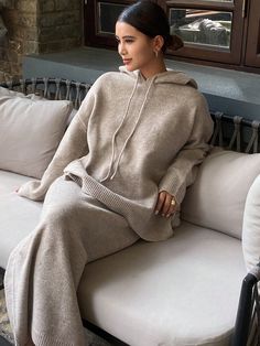 2pcs/Set Women's Solid Color Loose Hoodie And Straight Dress Knitted Sweater Set Apricot Casual    Plain Pants Non-Stretch Fall/Winter Women Clothing, size features are:Bust: ,Length: ,Sleeve Length: Cotton Hooded Loungewear Set, Cozy Knit Hoodie For Loungewear, Casual Sweater With Double-lined Hood For Loungewear, Winter Soft-washed Hoodie For Loungewear, Winter Lounge Wear, Beige Knit Loungewear Sets, Loose Hoodie, Backless Prom Dresses, Straight Dress