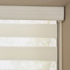 a window with white blinds in front of it