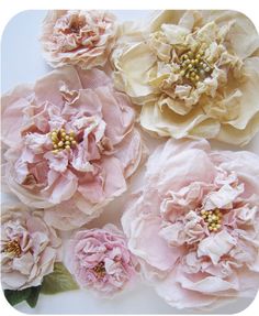 pink flowers are arranged on a white surface