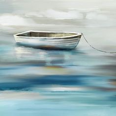 a painting of a boat in the water with a rope tied to it's side