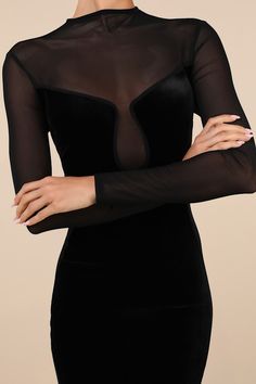 Everyone will be talking about your captivating aura in the Lulus Irresistible Details Black Velvet Mesh Long Sleeve Mini Dress! This sensational dress features a sheer mesh dÃ©colletage that rises to a high crew neckline, shapes long fitted sleeves, and creates a U-shaped inset at the center of the plush velvet bodice. The figure-hugging silhouette features sheer mesh panels at the sides that continue through the velvet bodycon mini skirt. Top button closure tops an alluring keyhole-style cutou Neckline Shapes, Bodycon Mini Skirt, Hugging Silhouette, Mesh Bodycon Dress, Fitted Sleeves, Eve Dresses, Black Velvet Dress, Birthday Dress, Mesh Long Sleeve