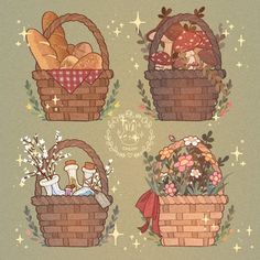 four baskets filled with different types of food