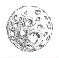 a black and white drawing of the moon with water droplets on it's surface