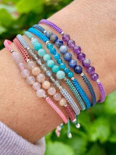 All handmade macrame bracelets with natural gems and sterling silver beads. Made with waxed fine but very strong polyester cord. Amethyst beads: 4.5-5mm Amazonite, Labradorite, Rhodonite, Rose Quartz, Sodalite beads: 4-4.5mm Blue Apatite beads: 3.4-4mm 925-B13 Waxed Polyester Cord Bracelets, Braided Beaded Bracelets, Macrame Beaded Bracelet, Diy Bracelets With String And Beads, Wax Cord Bracelet Diy, Macrame Bracelet Patterns Tutorials, Summer Bracelets Beads, Macrame Bracelets With Beads, Surfer Men