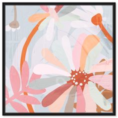 an abstract painting with pink and orange flowers