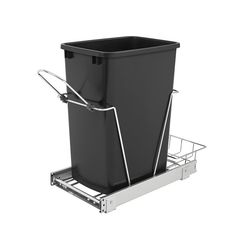 a black trash can sitting on top of a metal shelf