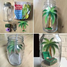 four pictures show different ways to make a palm tree in a jar with sand and magnets