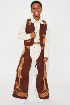 Available In Brown. Cowboy Inspired Costume Vest Chaps Model Wears Size M 100% Polyester Metal Detail No Hat Included Imported S=6, M=8/10, L=12/14, XL=16/18 | Mini Brown Cowboy Costume size Medium by Fashion Nova Mini Cowboy, Cowboy Costume, Black Cowgirl, Metal Detail, Brown Fashion, Kids Costumes, Kids Boys, Fashion Nova, Cowboy