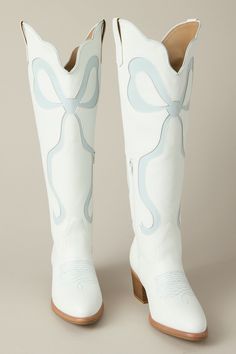 Celleste Tall Bow Boots in Blue | Altar'd State Girly Cowgirl Boots, Bride Cowgirl Boots, Tall Cowgirl Boots, Fall Footwear, Booties For Women, Boots Cowgirl