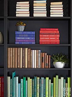 a bookshelf filled with lots of different colored books next to a potted plant