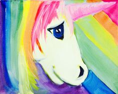 a painting of a white horse with rainbow hair