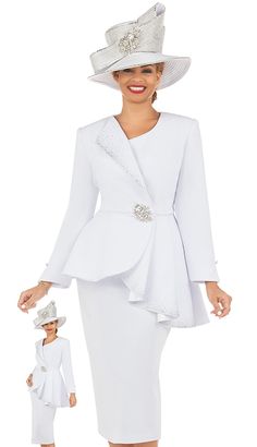 Giovanna G1183-WHT Ladies Church Suit Elegant Long Sleeve Set For Wedding Guest, Fitted Sets For Church In Spring, Elegant Purple Dresses, Mens Dress Coats, White Church Hats, Mens Dress Coat, First Lady Church Suits, Church Dresses For Women, Church Lady Hats