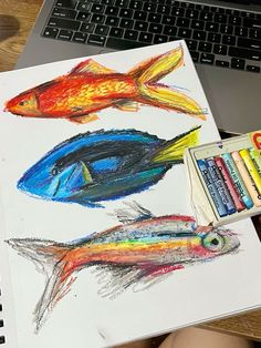 someone is drawing fish on paper with colored pencils