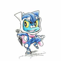 a drawing of a cartoon character with blue hair and yellow eyes, holding an umbrella