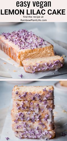 a cake with purple sprinkles on it and the words, easy vegan lemon lila cake