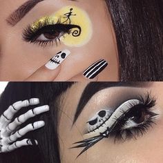 two pictures of halloween makeup with skeleton decorations on their eyes and the bottom one is black and white