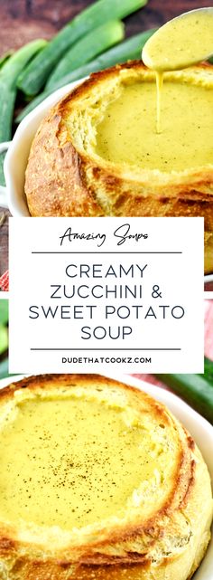 creamy zucchini and sweet potato soup in a white bowl