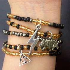 Harry Potter Bracelet / Hogwarts House Hufflepuff Jewelry / Yellow, Black, Silver Bead Bracelets / Badger, Lightning, Harry Potter Charm Hufflepuff Jewelry, House Hufflepuff, Harry Potter Bracelet, Egyptian Bracelet, Harry Potter Charms, Potter Wallpaper, Jewerly Bracelets, Comfort Movies, Potter Quotes