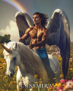 a man riding on the back of a white horse next to a rainbow and flowers