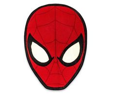 a close up of a spiderman mask on a white background with black and red eyes