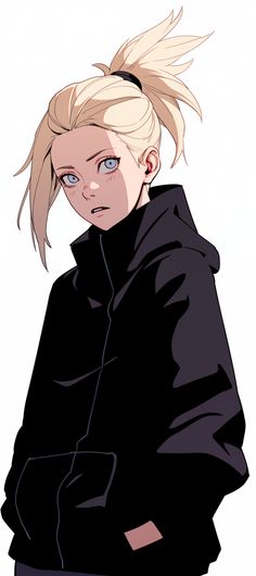 an anime character with blonde hair and blue eyes, wearing a black hoodie jacket