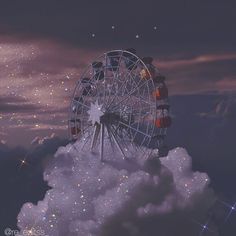 a ferris wheel is in the clouds with stars around it and people are sitting on top