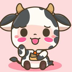 a cartoon cow sitting on the ground with its tongue out