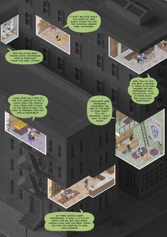 an illustrated diagram showing the different rooms in a building with green speech bubbles above them