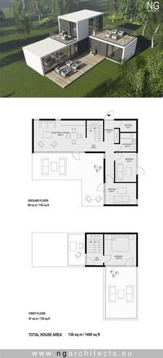 the floor plan for a modern house with two levels and an open living room, dining area