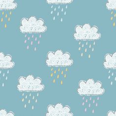 a blue background with white clouds and raindrops on the top of each cloud