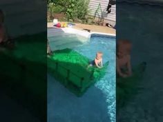 three pictures of children playing in the pool with an inflatable raft and water slide